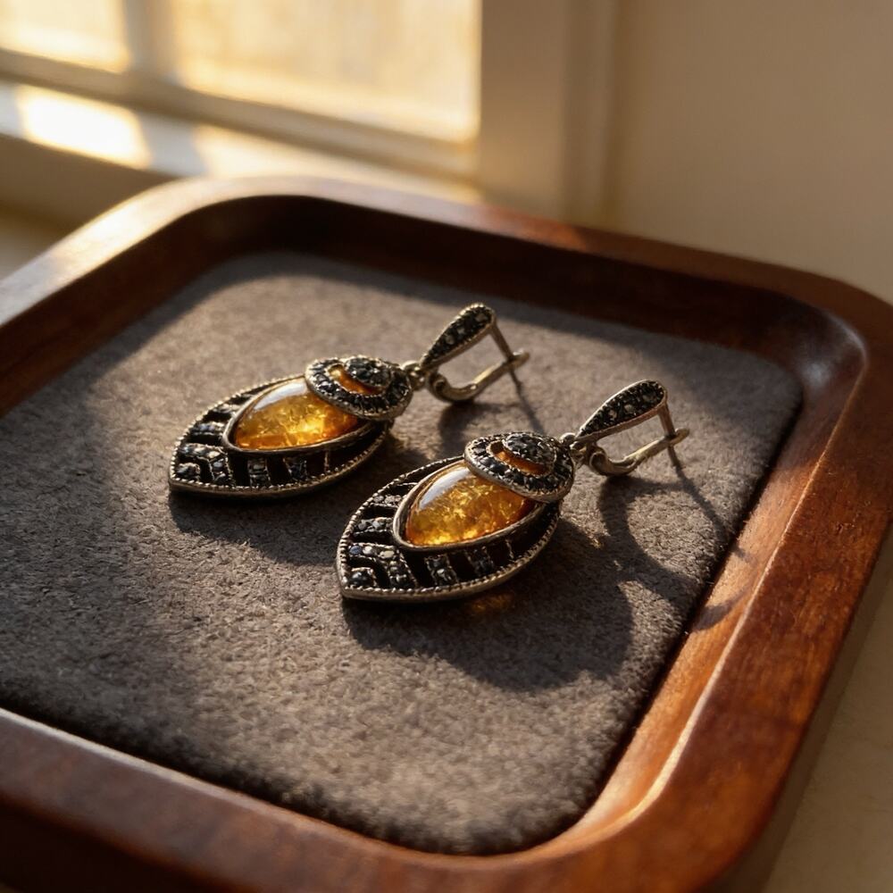 Amber Toned Stone and Dark Crystals Drop Earrings